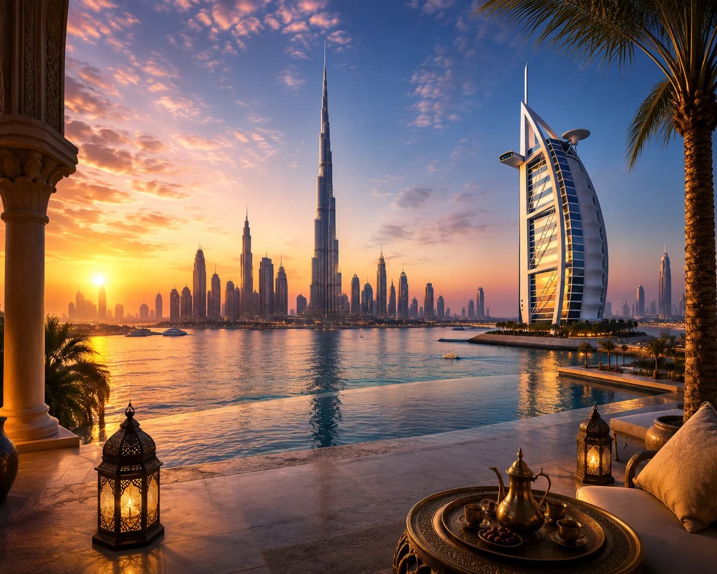 Dubai skyline with Burj Khalifa and Burj Al Arab at sunset